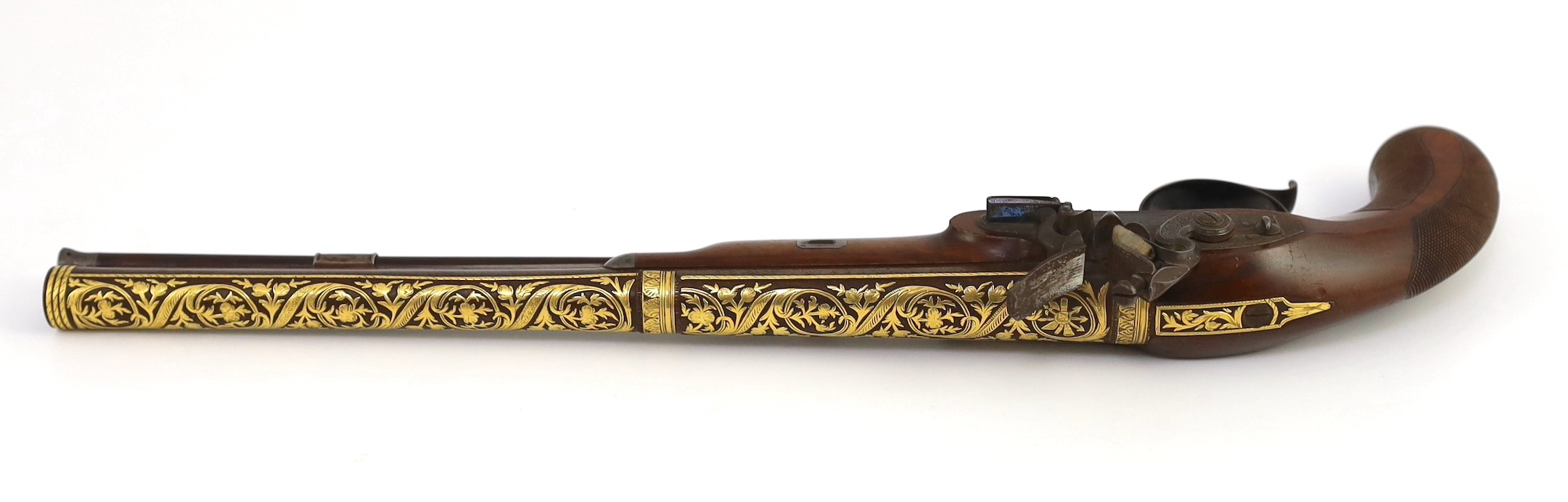 An early 19th century gold overlaid flintlock pistol, by Beckwith, London, 47cm
